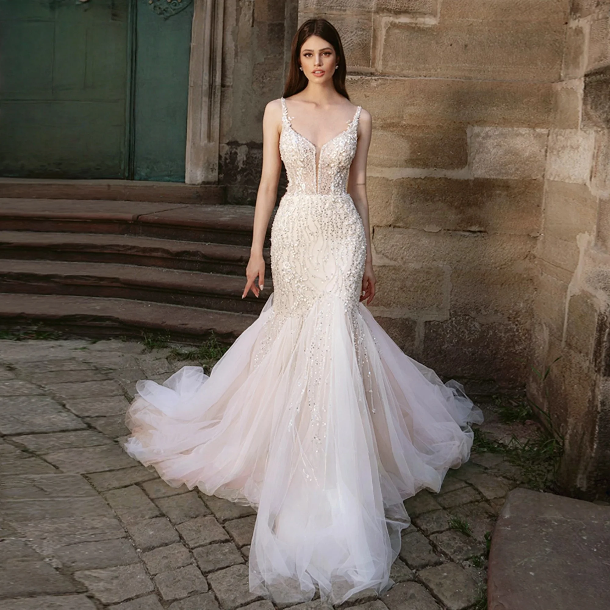 

Luxury Wedding Dresses Mermaid Spaghetti Straps Beach Boho Bridal Gown Saudi Arabic Dubai Islamic Vestido De Noiva Customized