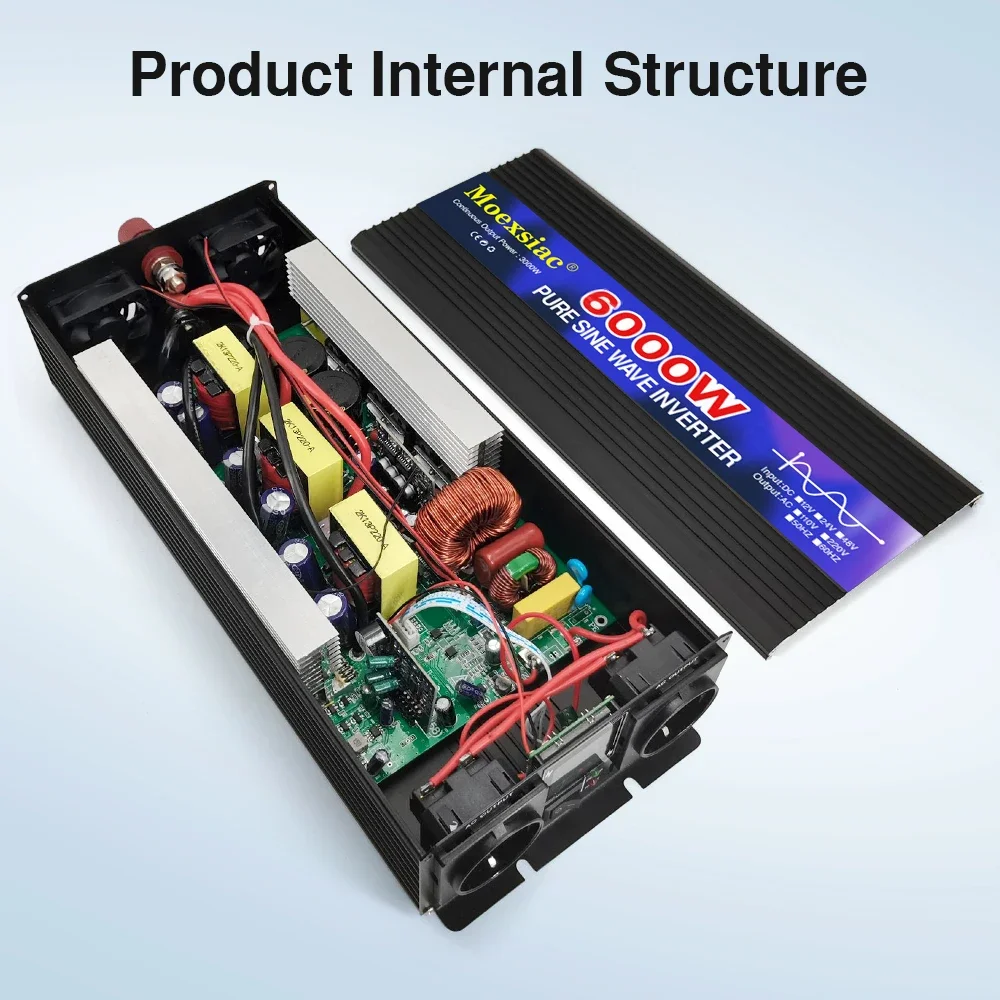 Pure Sine Wave Inverter 4000W 5000W 6000W Double EU Socket  DC 12V 24V 48V To AC 220V 50Hz 60Hz Voltage Power Solar Converters