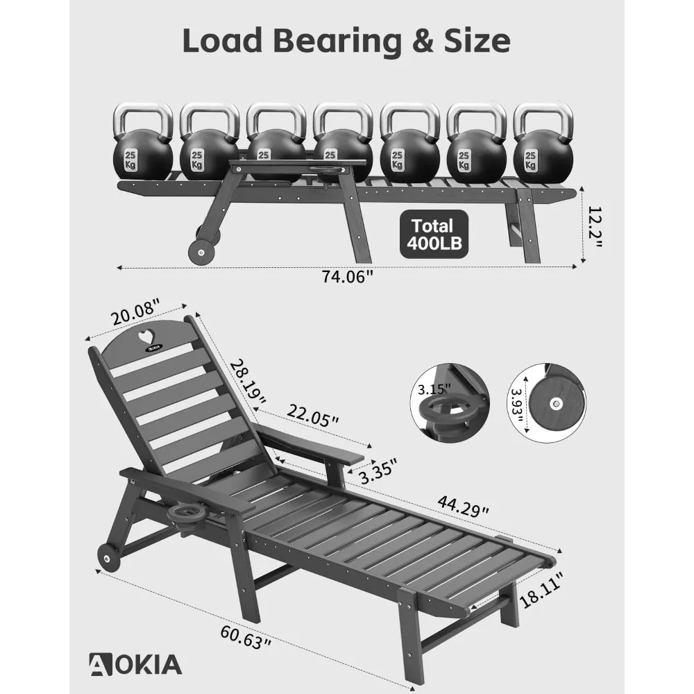 Chaise Lounge Chair Outdoor with Wheels & Cupholder | Oversize HDPE 6-Position Pool Lounge Chairs | Outdoor Chairs for Patio