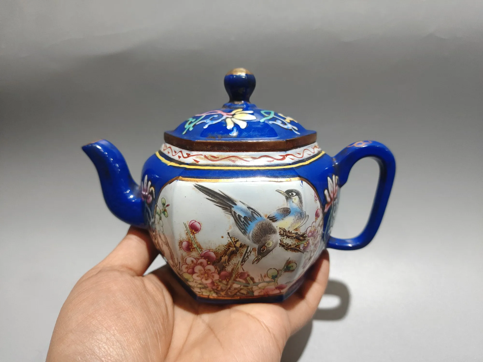 Teapot Purple Clay Pot Painted Magpie and Plum Blossom Diagram Flower texture Six sided pot Teapot Kettle Tasting tea ceremony