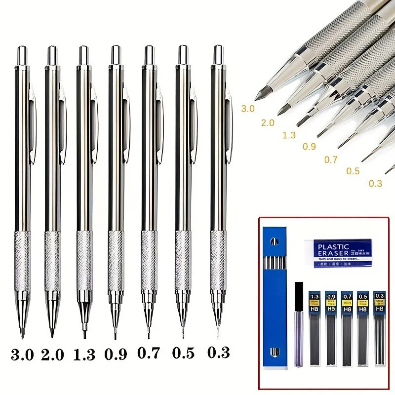 Conjunto de lápis mecânico para desenho artístico e pintura, lápis automático com leads, escritório e suprimento escolar, 0.3mm, 0.5mm, 0.7mm, 0.9mm, 1.3mm, 2.0mm, 3.0mm, 5PCs