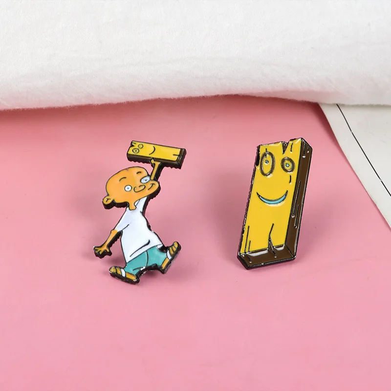 Character Brooch Cartoon Villain and Smile Wood Board Metal Badge Small Accessories Wholesale Bag Pins for Backpacks Cap Pin