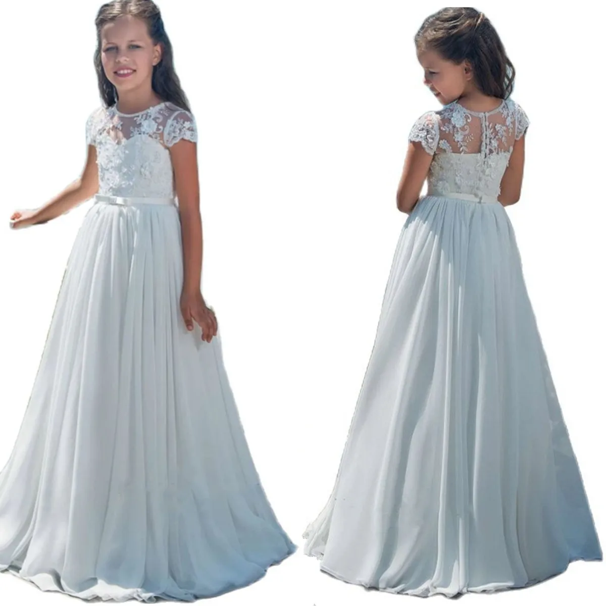 White Chiffon Lace Princess Flower Girl Dresses With Bow Beaded Crystal Up Applique Ball Gown First Communion Dress For Kids