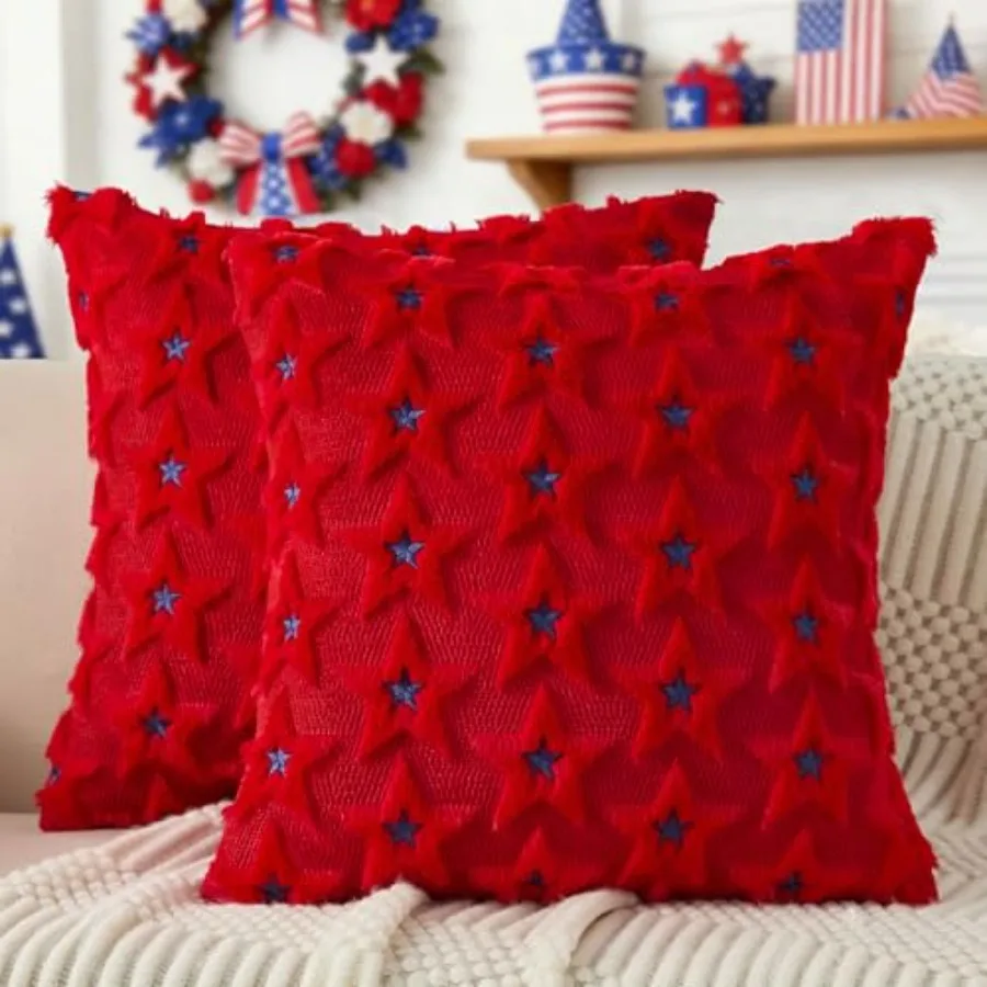 

4th of July Pillow Covers 18x18 inch Set of 2 4th of July Decor Blue Embroidery Star Decoration Soft Plush Faux Fur Jacquard Th