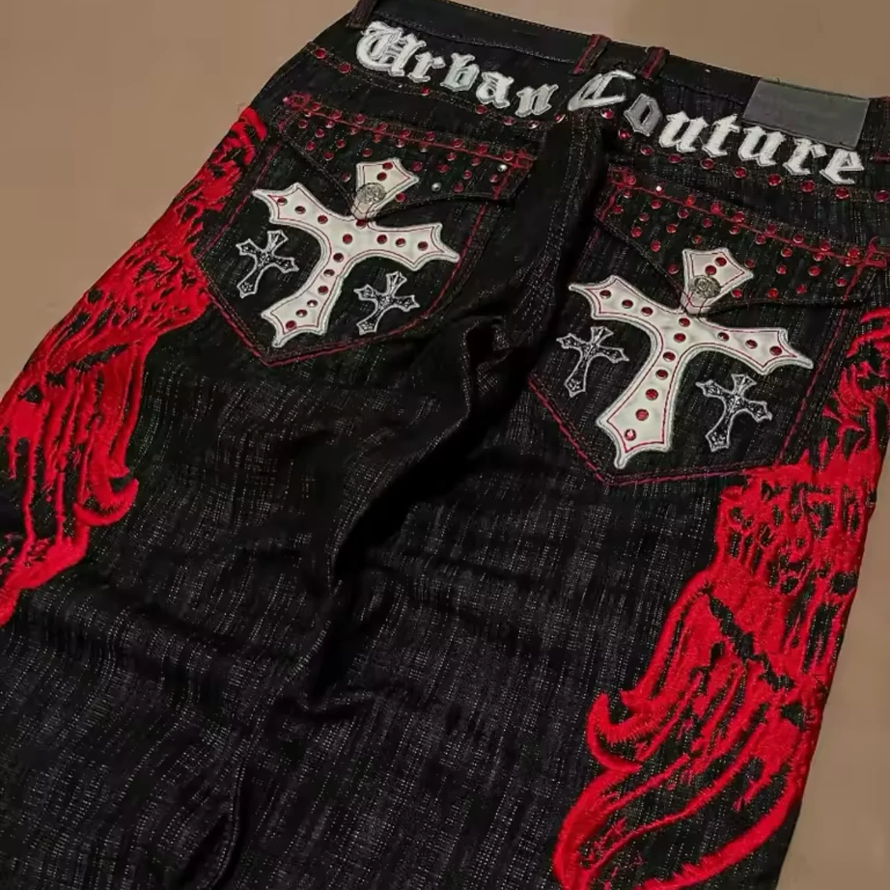

American Retro Gothic Jeans Male Y2K New Embroidered Loose Jeans Female Street Casual Punk Rock Wide Leg Pants Unisex Mopping