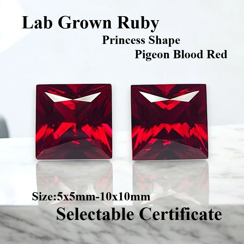 Rubi Cultivado em Laboratório Cor Vermelho Sangue de Pombo Forma Princesa Charms Pedra Preciosa para Materiais de Fabricação de Joias Certificado Selecionável
