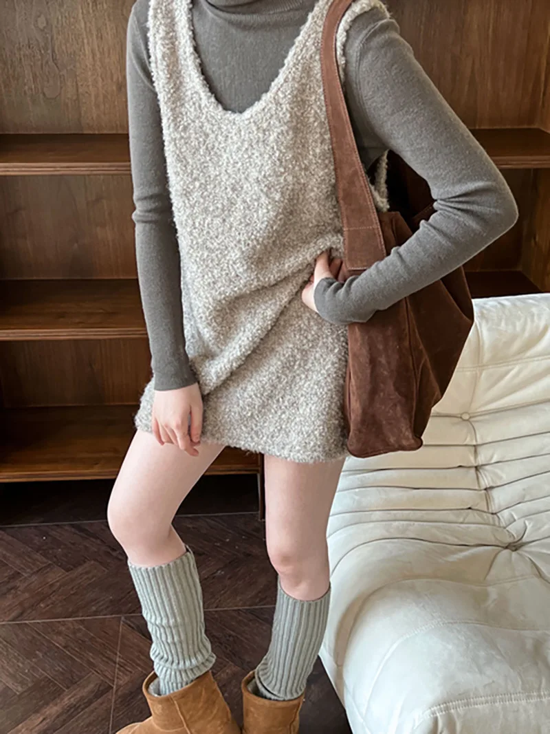 Casual estilo coreano atmosfera u-pescoço solto ajuste emagrecimento em camadas de lã laço de malha colete vestido ss652 vestido robe feminino