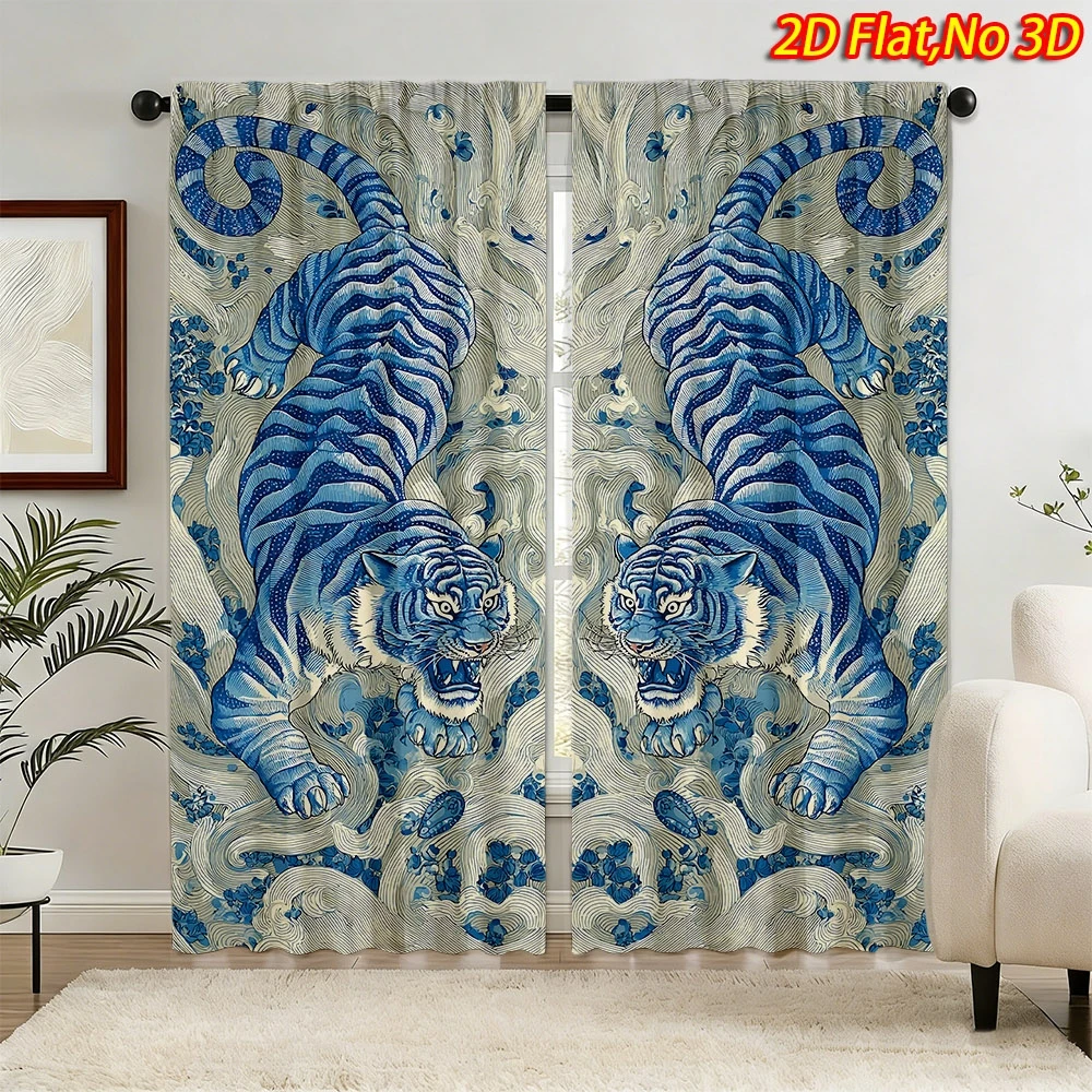 2pcs Blue Tiger & Wave Print Curtains 2D Digital Print Polyester Semi-Sheer Rod Pocket Living Room Bedroom Decor