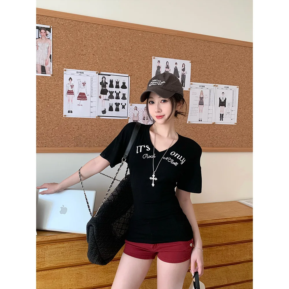 American Style Hot Girl T-Shirt Women's Short Sleeve V-Neck Letter Print Slim Fit Summer New Waist-Cinching Top Princess Style