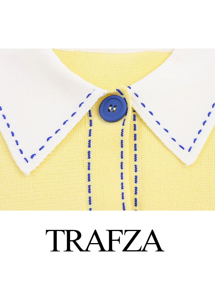

TRAZFA Women's Fashion Single Breasted POLO Shirt With Thread Short Sleeve Knit Coat Female Elegant Slim Fit Collision Top Mujer
