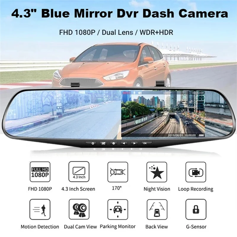 4.3Inch Car Dash Cam Driving Recorder HD 1080P Cycle Mirror Dvr Dash Cam Dual Lens Video Recorder Car DVR Dash