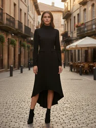 Freeacy Women's Urban Dresses Solid Black Long Sleeves Slim Fit Maxi Dress High Neck Pleated Commuter Dress for Office Ladies