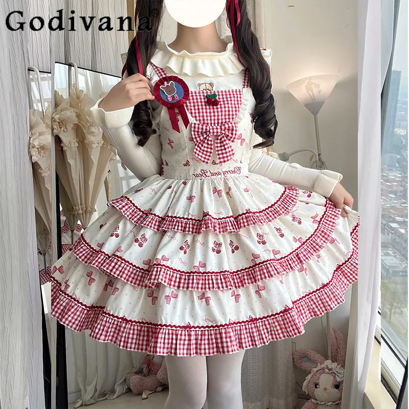 

Original Kawaii Girl's Lolita Dress Jsk Japanese Woman's Sweet Slimming Y2k Short Dress Daughter Cute Bow Print Summer Dress