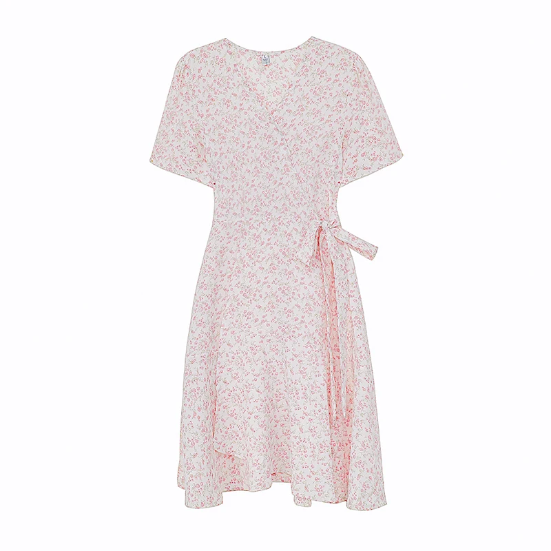 Vestidos de chiffon boêmio feminino, gola V, manga curta, tamanho grande, elegante, linha única, estampada com margarida, rosa, comprimento médio, verão