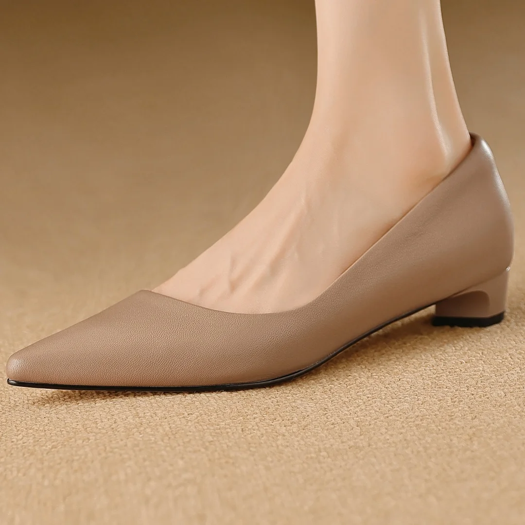 Zapatos de tacón de gatito con punta estrecha de cuero de vaca para mujer, zapatos elegantes sin cordones de tacón bajo para mujer, zapatos de tacón suaves y cómodos de alta calidad