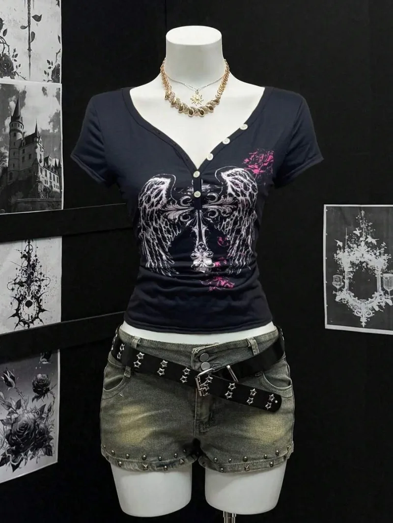 

Y2k Women's V-Neck Short Sleeved T-Shirt Slim Fit Dark Punk Vintage Print Slim Fit Button Tops Sexy Hot Girl 90s Streetwear News