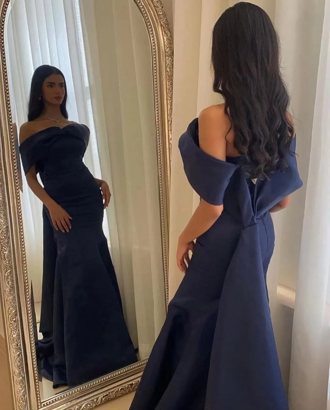 

Lovestory Navy Blue Mermaid Prom Dresses Bateau Neck Wraps Sexy Back Evening Party Women Wear Bridesmaid Dress for Weddings