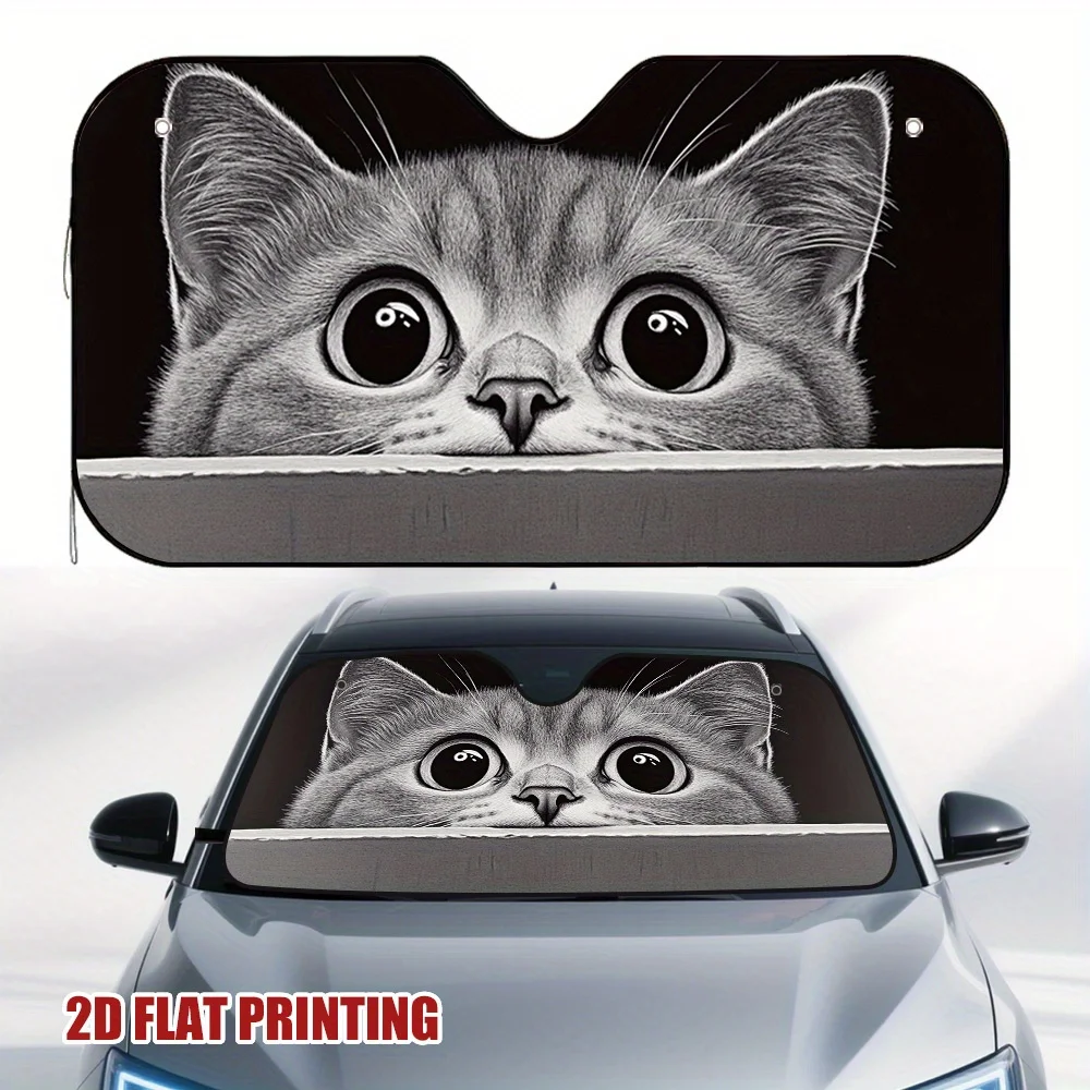 Pare-soleil de voiture avec yeux de chat curieux, impression plate 2D, conception de chaton gris mignon, convient à la plupart des véhicules, garde l'intérieur au frais, 1 pièce