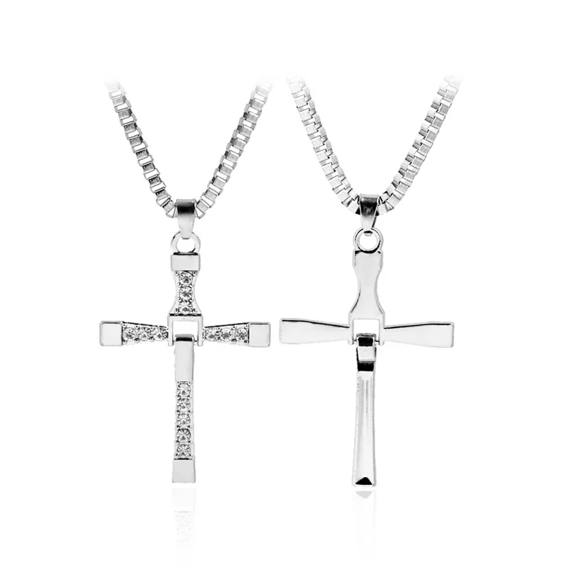 Fast and Furious Movies Cross Necklace Rhinestones Pendant Men's Chain Dominic Toretto Stainless Steel Choker Jewelry Accesories