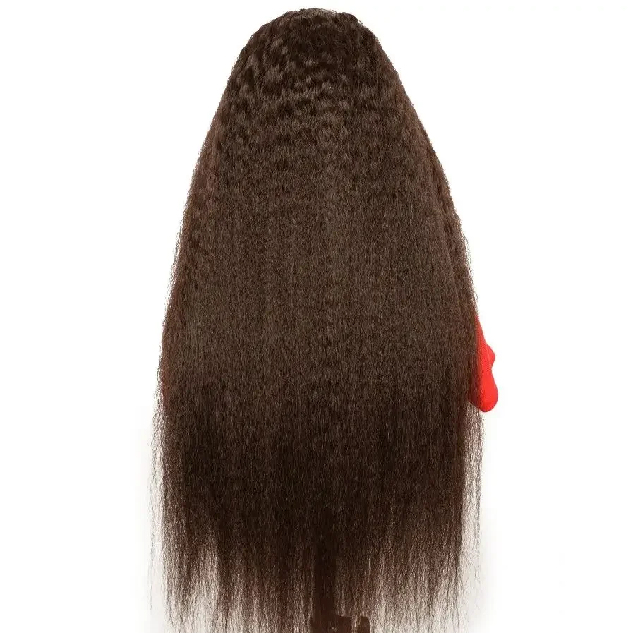 Soft 180Density Brown Preplucked 26” Long Kinky Straight Yaki Lace Front Wig For Women With Baby Hair Natural Hairline Glueless