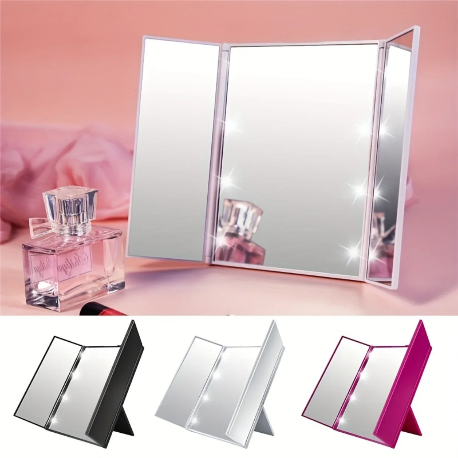 LED Tri-Fold Vanity Makeup Mirror - Illuminating Tabletop Mirror with Adjustable Brightness, Portable Design, Perfect for Beauty