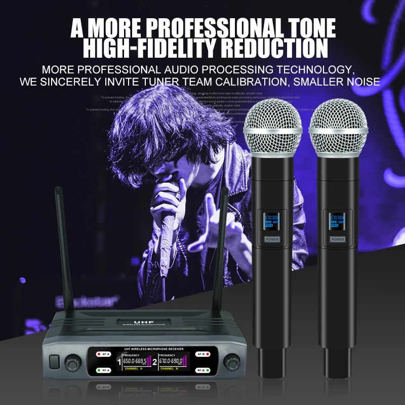 Wireless Microphone Handheld Dual Channels UHF Fixed Frequency Dynamic Mic For Karaoke Wedding Party Band Church Show