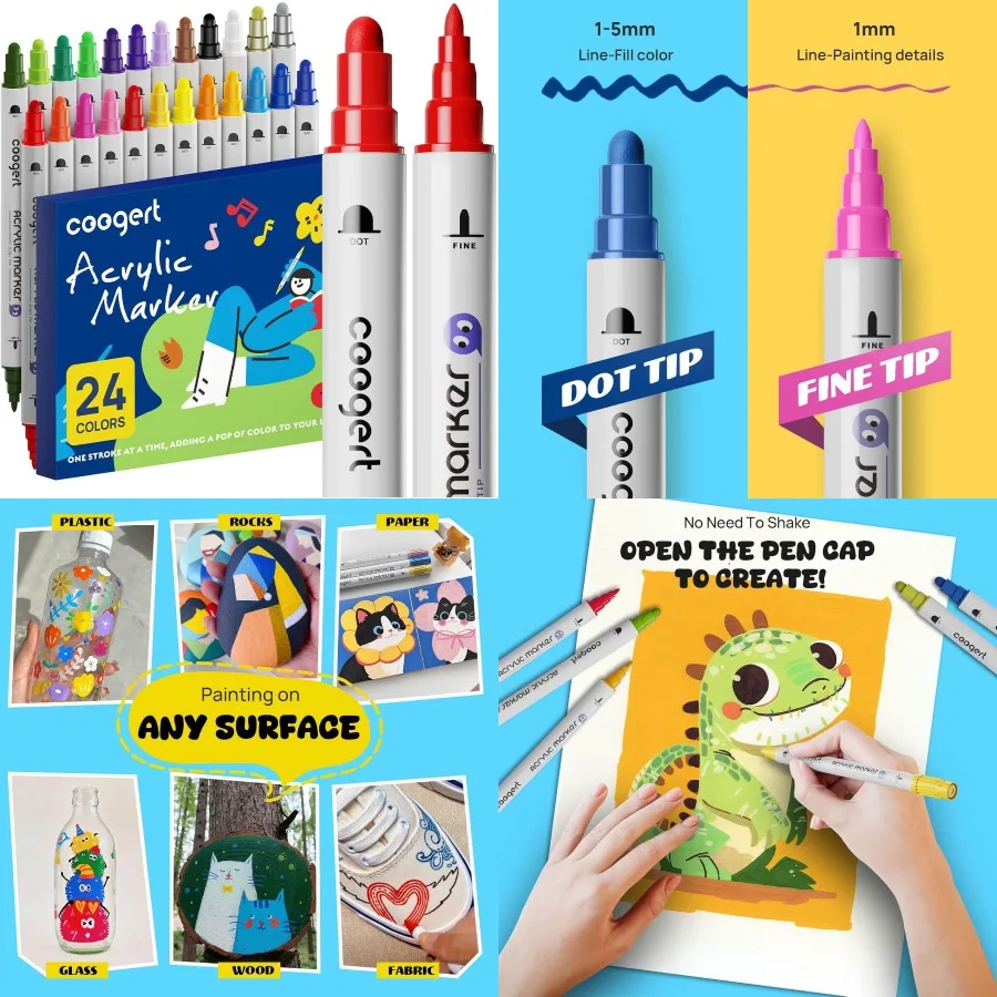 

24 Dual Tip Acrylic Paint Markers with Fine Tip and Dot Tip for Rock Painting Canvas Wood Glass Ceramic Fabric Plastic Egg Art