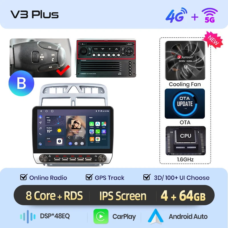 Junsun 10.1 "Draadloze Carplay AndroidAuto Autoradio voor Peugeot 307CC 307SW 2002-2013 radio met knoppen Bluetooth GPS 4G DSP