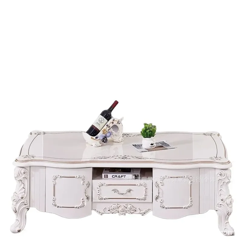 for European Style Marble Coffee Table and TV Cabinet Set Large Living Room White Luxury Carved Simple Design Combination