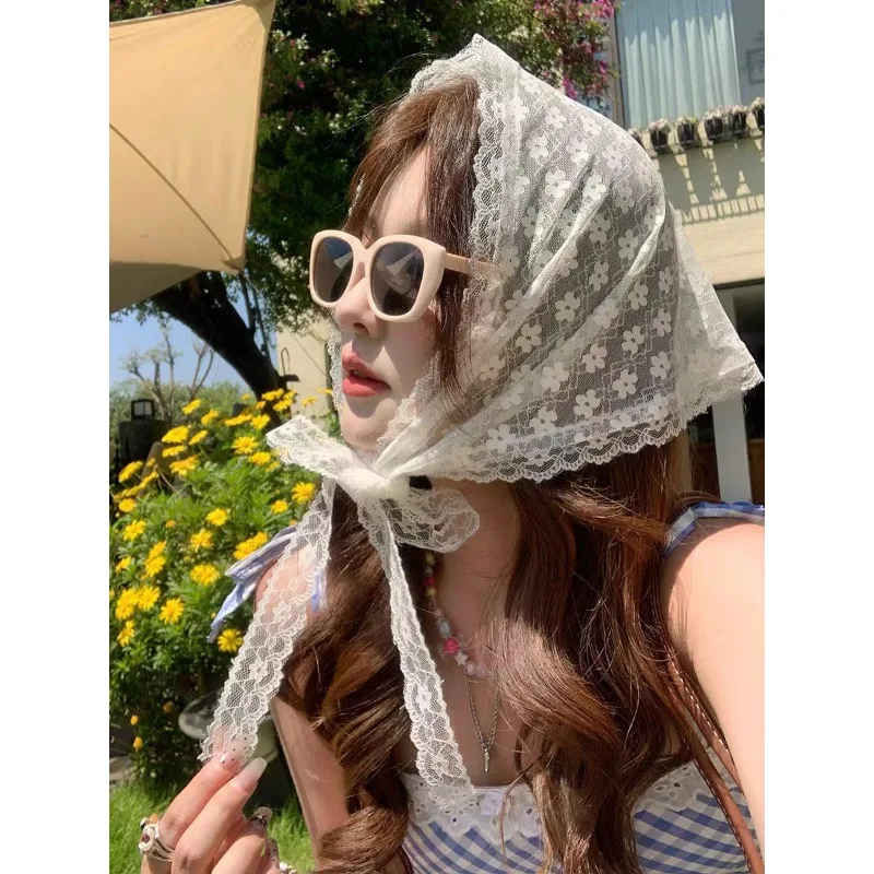 レトロレースバンダナヘッドバンドプリントヘアスカーフボヘミア三角形ヘッドスカーフ白髪バンド女性ガールズファッションスイートハンカチ