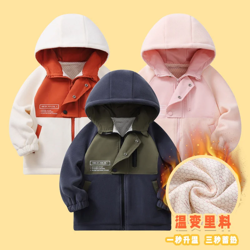 

Kids Thick Jackets Parka Winter Boys Girls Cotton-Padded Hooded Coats Children Fleece Warm Overcoat Patchwork Outerwear