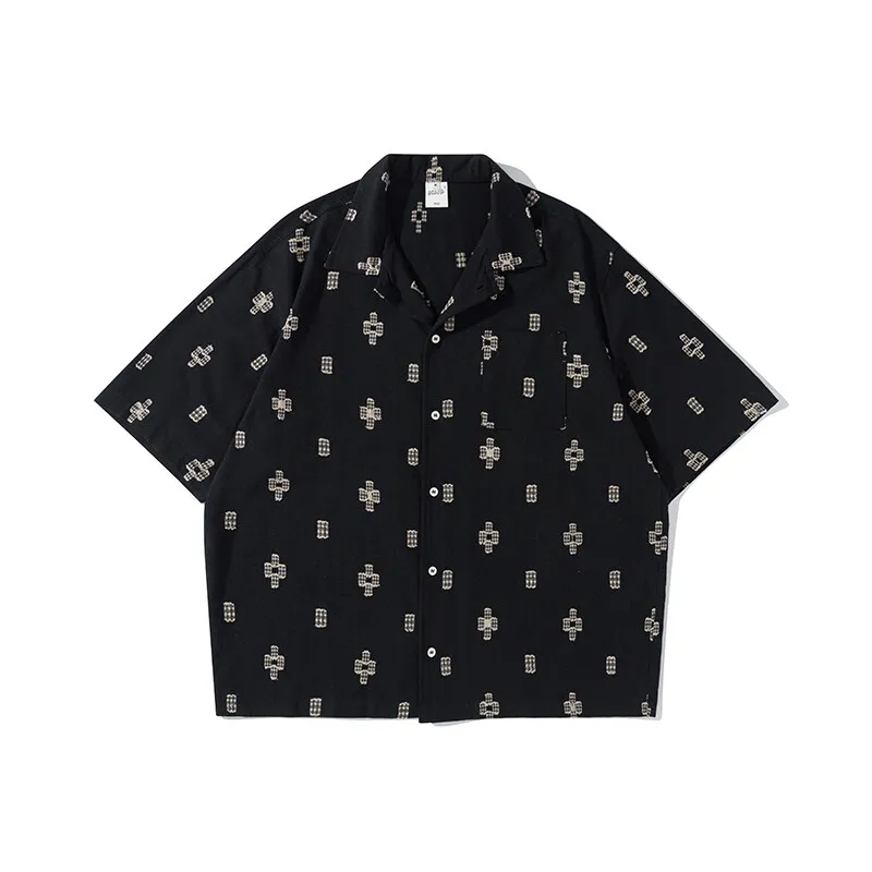 Men Japanese Cuban Collar Casual Vintage Embroidered Jacquard Shirt Cityboy Loose Casual Streetwear Short Sleeve Shirts