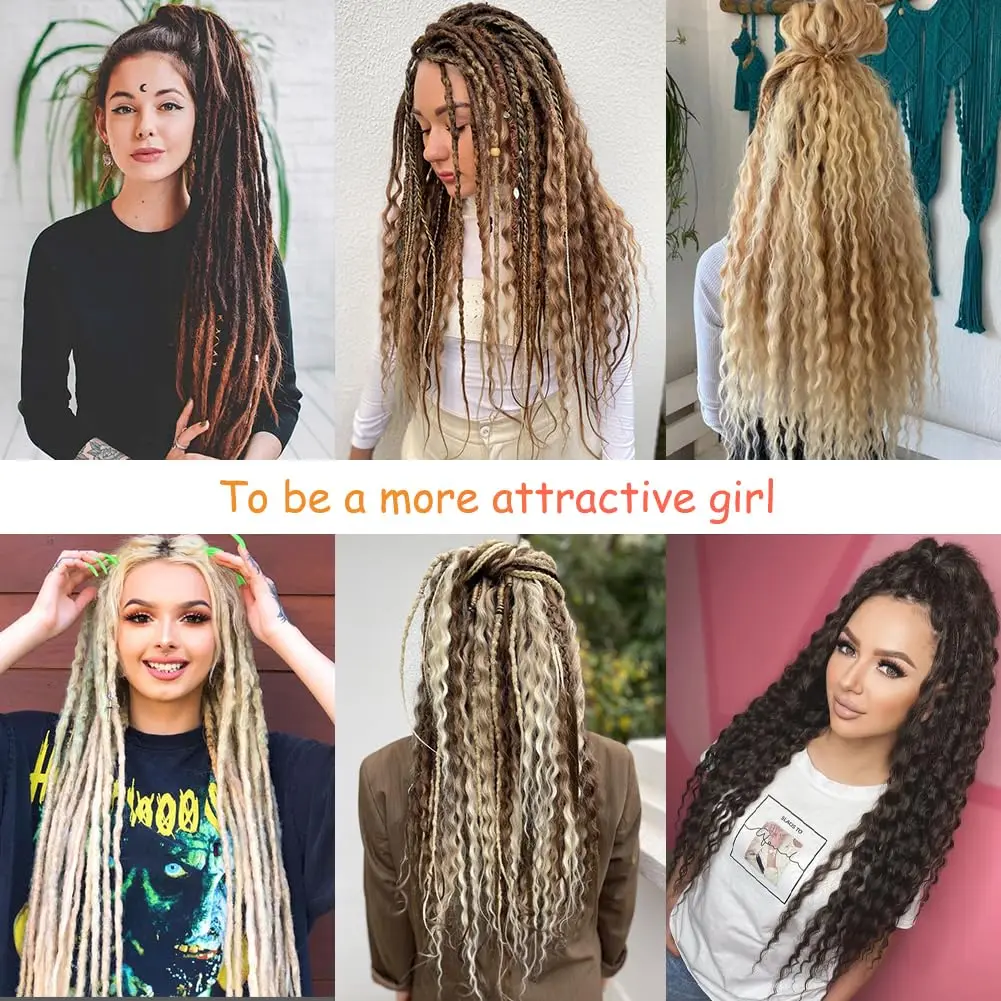 24 "Dreadlock Extensions Set voor dames 20 strengen, gemengd bruin tot blond synthetisch haar, rechte en krullende stijlen, Boho Hippie Look