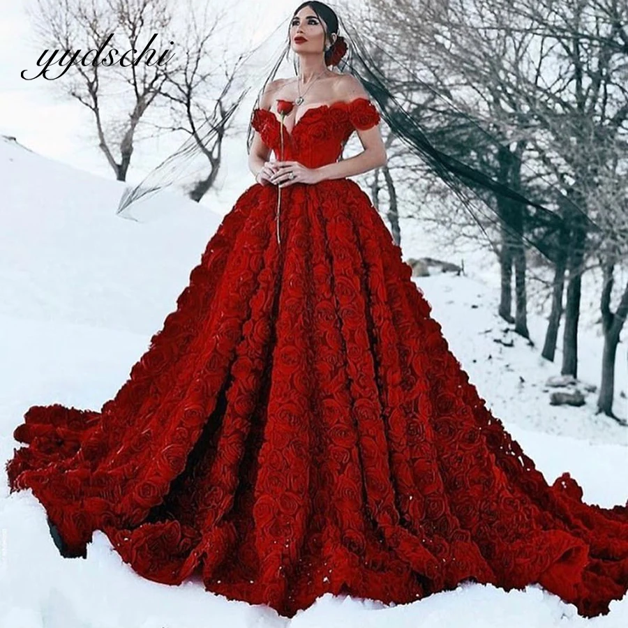 

Red Rose Ball Gown Prom Dresses Lace Sleeveless Princess Applique Dance Off the Shoulder Floor Length Party Quinceanera Dresses