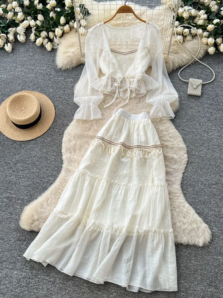 

Summer Beach Vacation Set for Women Fashionable Sweet Gradient Tassel Knit Jacket+camisole Vest+high Waisted Skirt 3-piece Set