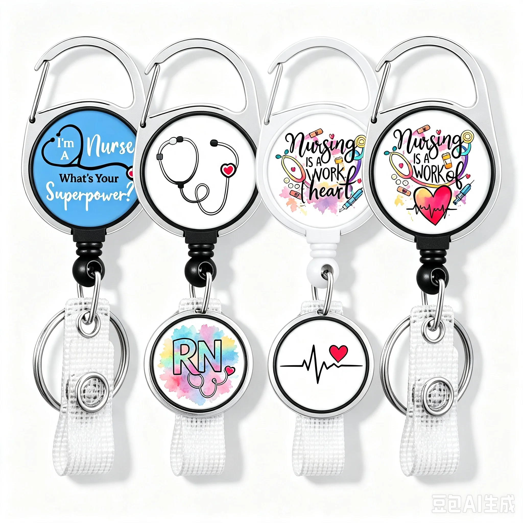 White Zinc Alloy Shiny Color Retractable Badge Reel Heart Stethoscope Pattern Rotatable Nurse ID Badge Reel for Medical Staff