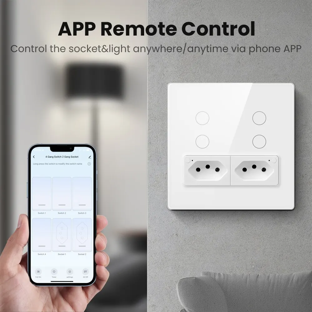 AVATTO WiFi Tuya Wall Switch & Socket, 16A 4X4 Glass Panel 4 Buttons Brazil Smart Light Switch Work With Alexa Google Home Ailce