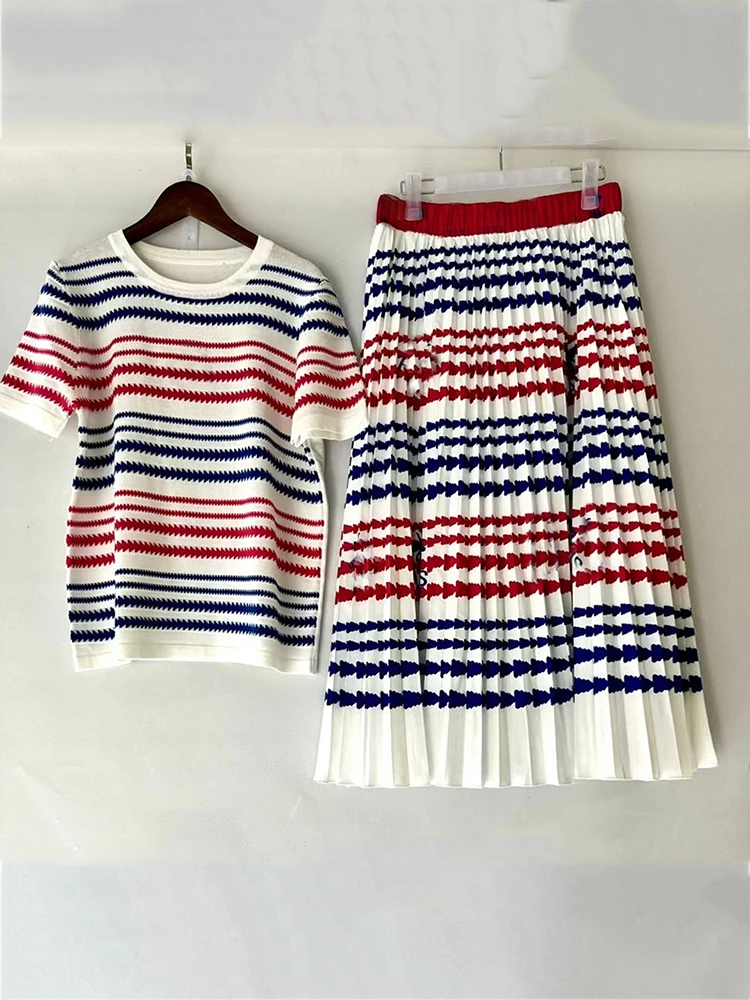 Vintage striped wool sweater jumper T-shirt two-piece 2024 summer women\'s new + single-breasted printed loose skirt fashion set