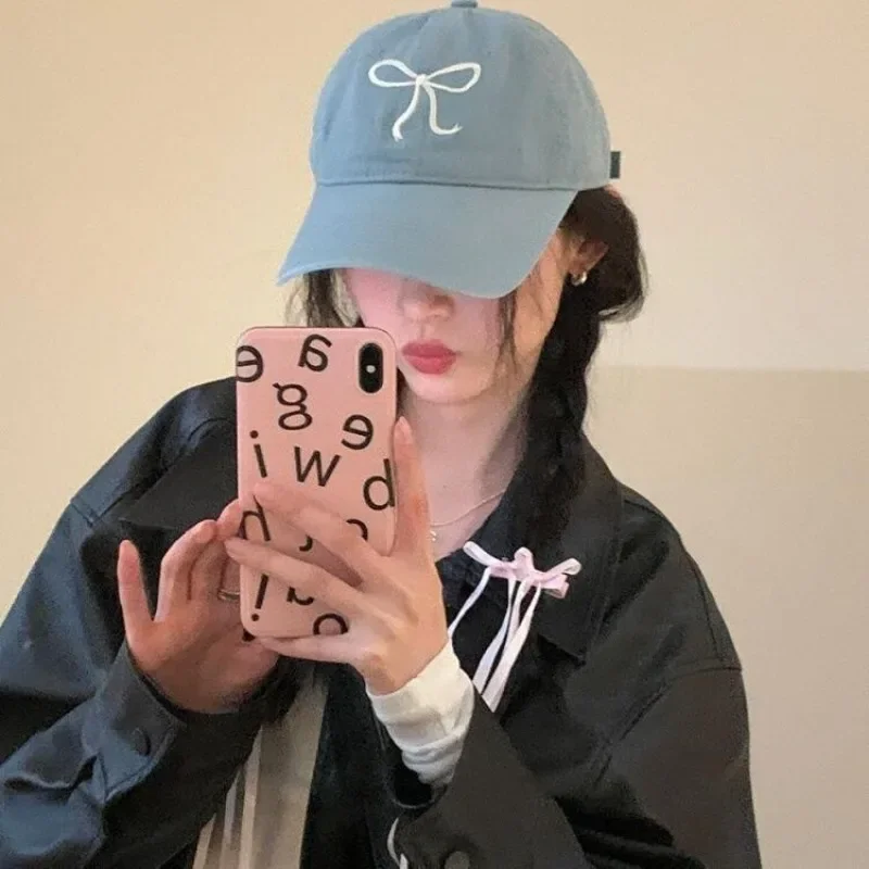 Soft Crown Baseball Cap Delicate Bow Embroidery Sweet Korean Style Adjustable Face Slimming Sun Hat for Women Outdoor