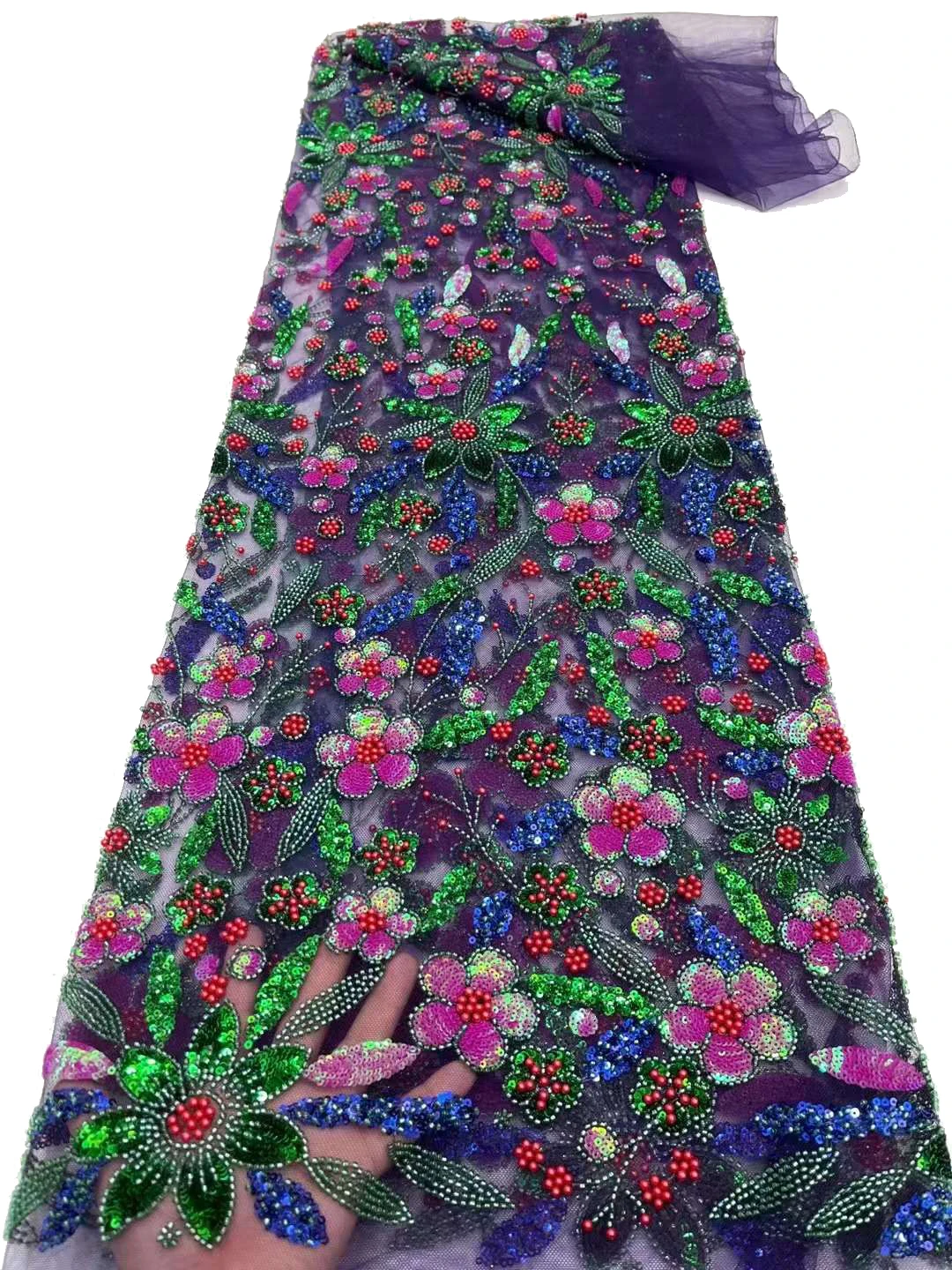 New listing exquisite multi-color sequins bead tube flower lace, high quality Nigerian style lace fashion evening dress/5yards