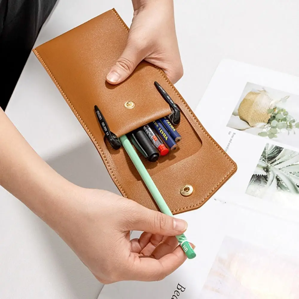 Creative Snap Button Large Capacity Pen Bag Personalized Business PU Leather Pen Pouch Student Portable Stationery Storage Bag