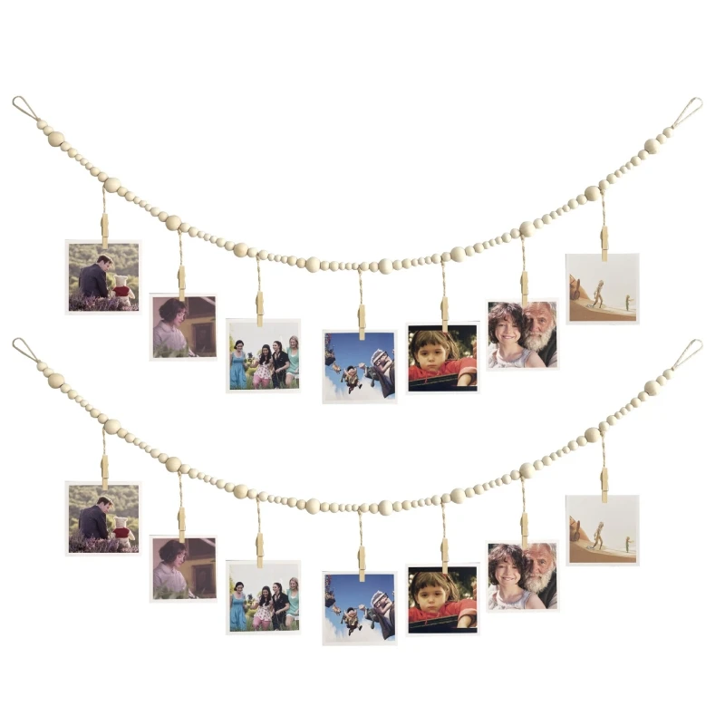 Wall Hanging Photo Display with Wooden Beads Garland Photo Storage Tassel String Wall Decor Photo Holder Rustic Family Decor
