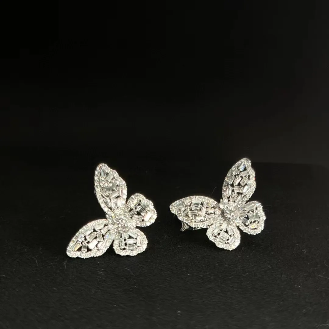 100% real diamond butterfly stud earring 18K white gold cute romantic genuine luxury jewelry fine women jewelry free shipping