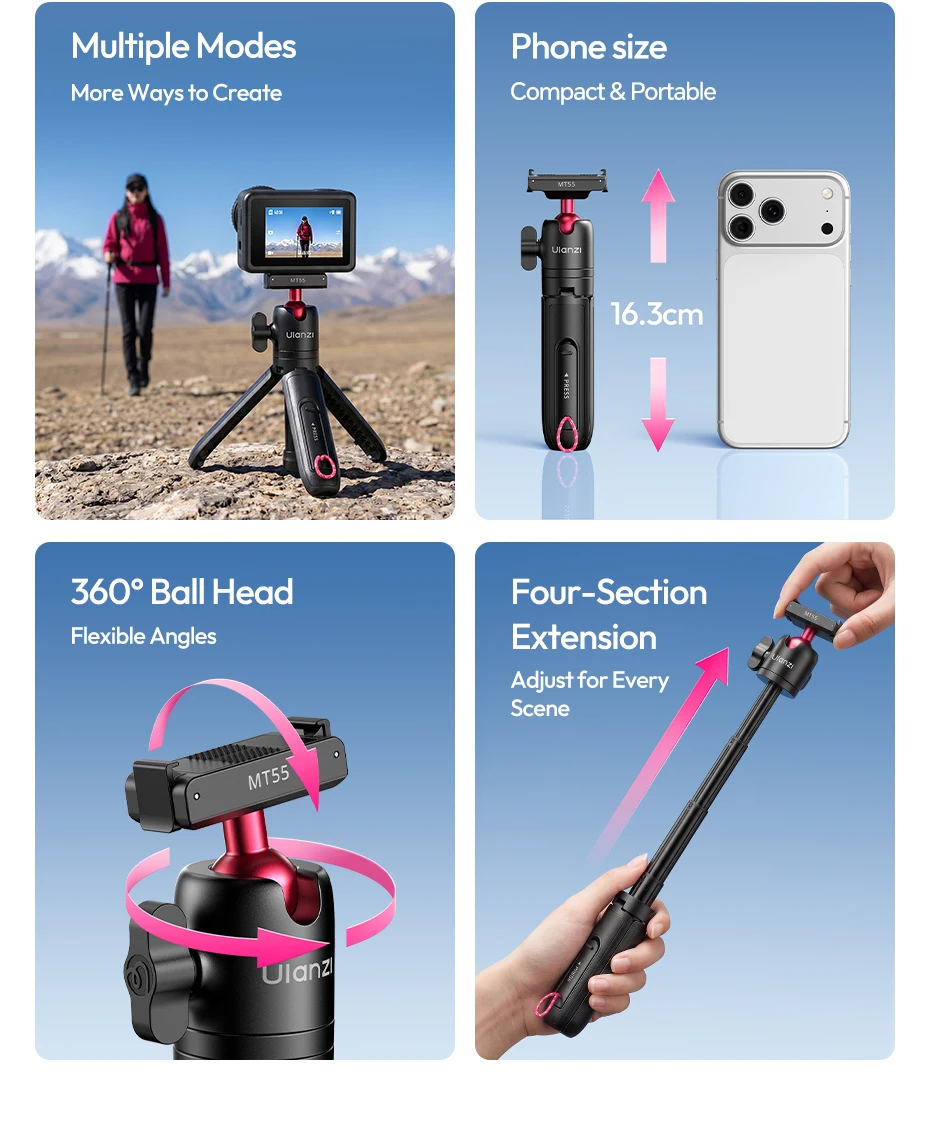 Ulanzi MT55 SnapGo Mini Selfie-Stick Stativ Overhead Mantis Rucksackhalterung für DJI Action6/Nano für Insta360 Go Ultra für Reisen – Detail 4