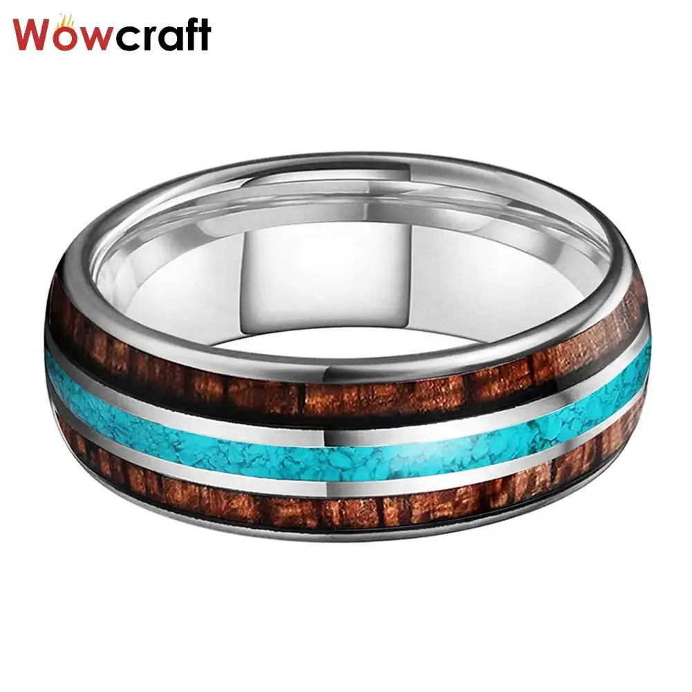 Fashion Tungsten Carbide Rings Turquoise Wood Inlay Wedding Bands Polished Shiny Domed Comfort Fit Size 6-15