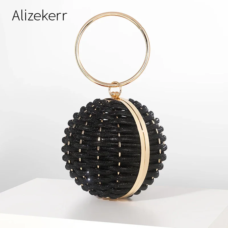 

Alizekerr Rhinestone Round Evening Clutch Bags Women Boutique Circular Ball Shaped Woven Diamond Purses And Handbags Wedding