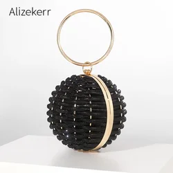 Alizekerr Rhinestone Round Evening Clutch Bags Women Boutique Circular Ball Shaped Woven Diamond Purses And Handbags Wedding