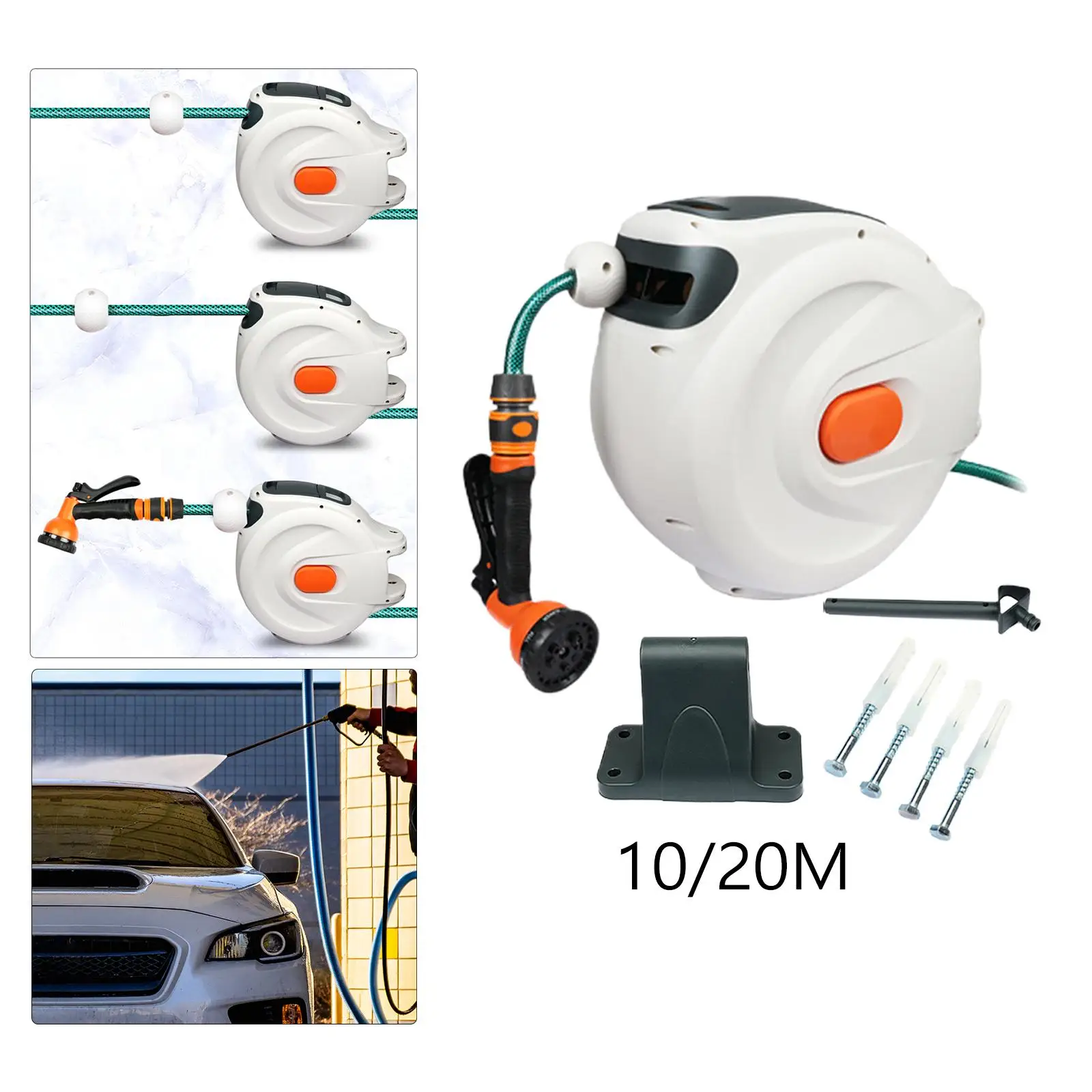 

Retractable Water Hose Reel 7 Pattern Hose Nozzle 180 Degrees Swivel Bracket