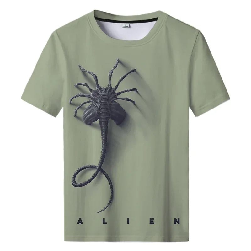 Homens e mulheres arte alienígena camiseta Harajuku impressa em 3D, camisa esportiva casual gola redonda, top impresso de filme de terror, verão,