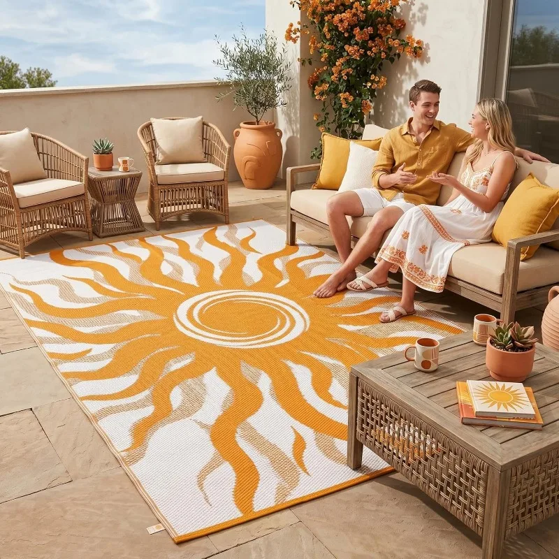 

Bohemian Sun Print Outdoor Area Rug Non-Slip Abstract Sunburst Patio Carpet Summer Sunshine Pattern Indoor Outdoor Floor Mat